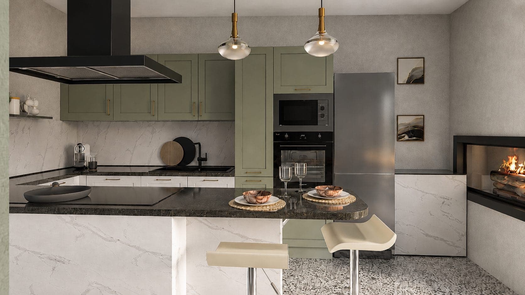 Una cucina con isola, sgabelli e lampade a sospensione